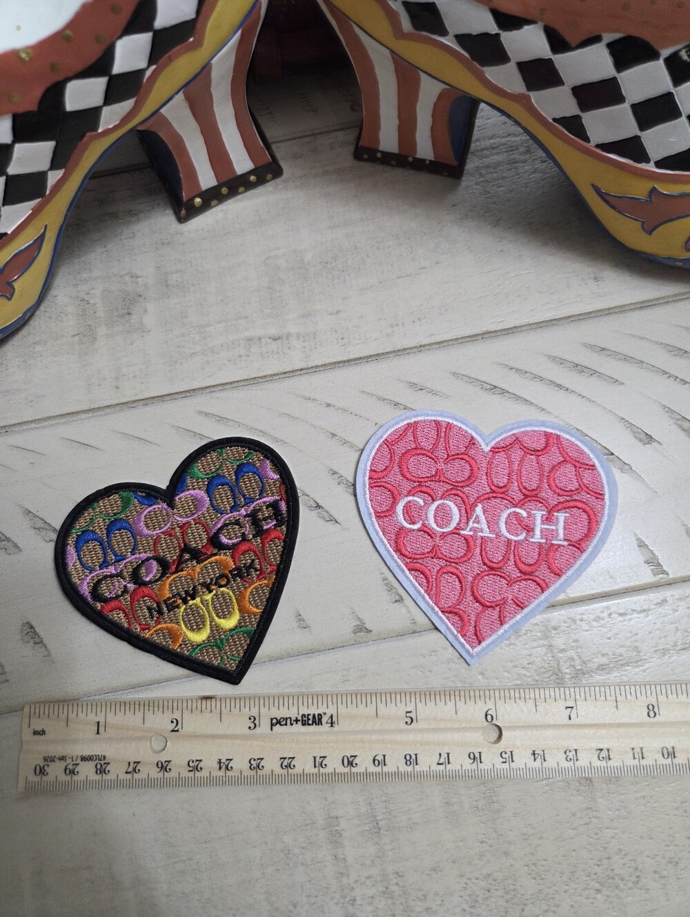 Set of 2 Designer Style Heart Embroidered Patches - Multicolor & Pink Monogram
